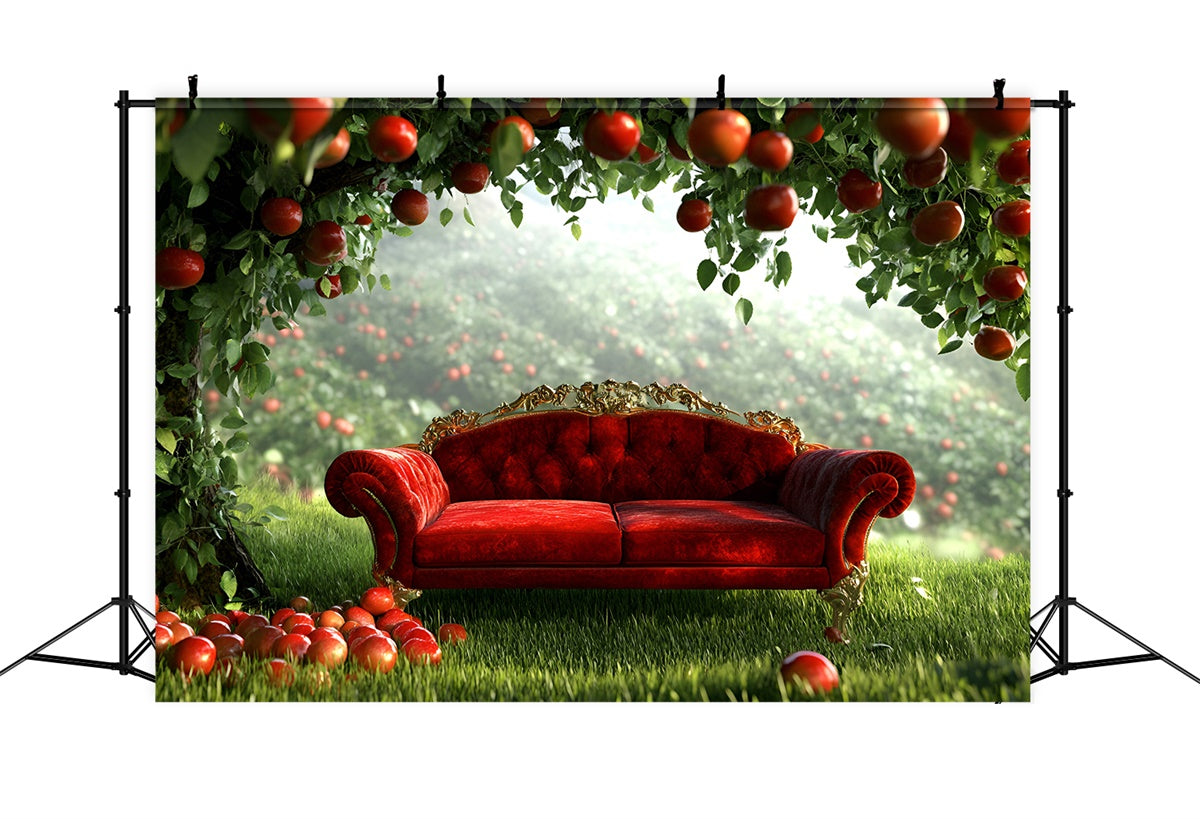 Herbst Fotohintergrund Apfelgarten Rotes Sofa Hintergrund GQ5-99