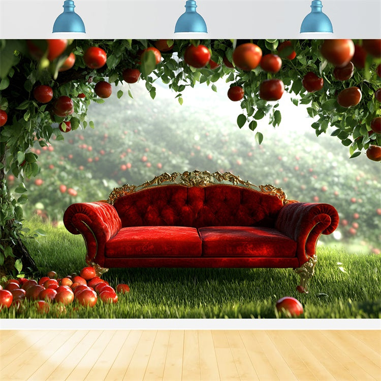Herbst Fotohintergrund Apfelgarten Rotes Sofa Hintergrund GQ5-99