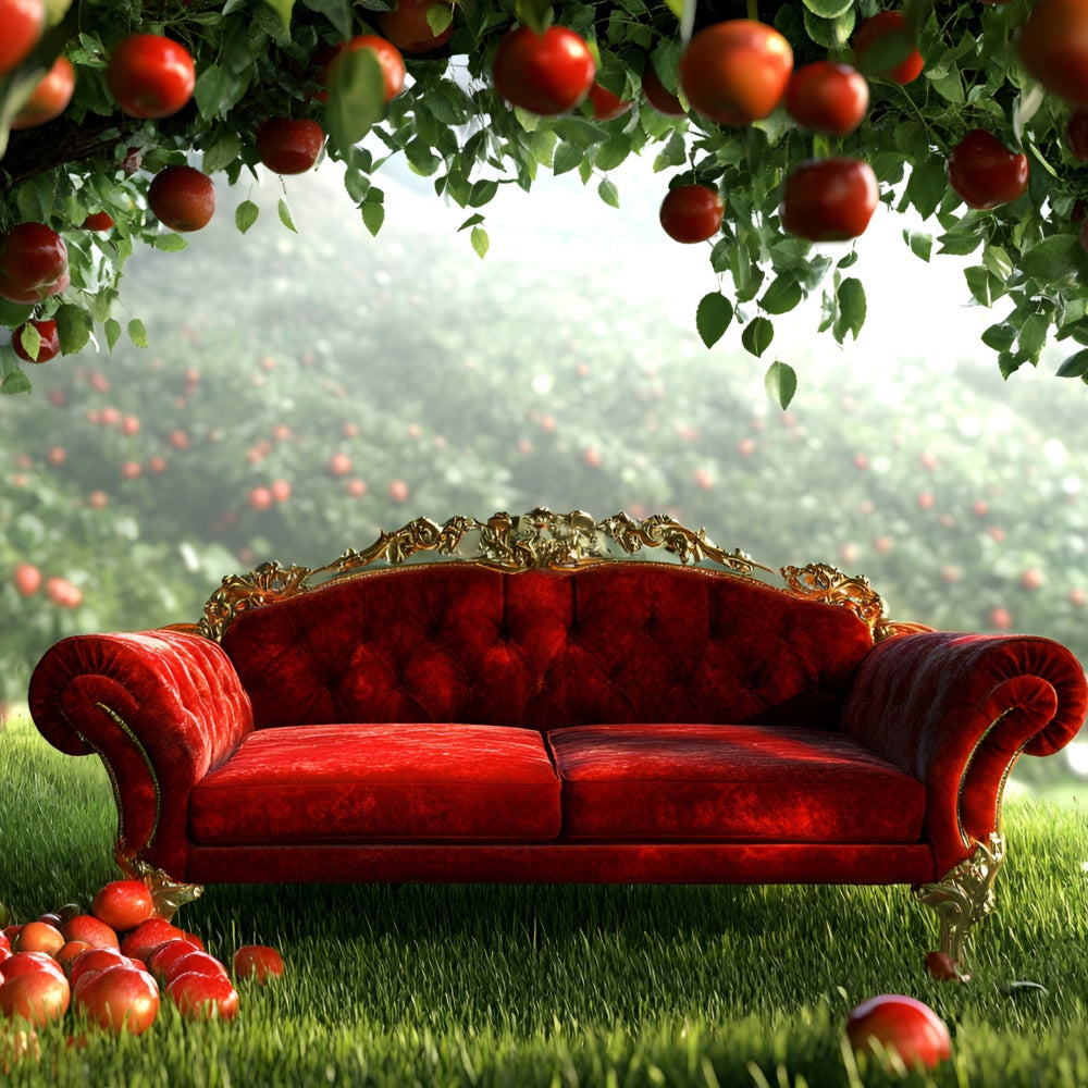 Herbst Fotohintergrund Apfelgarten Rotes Sofa Hintergrund GQ5-99
