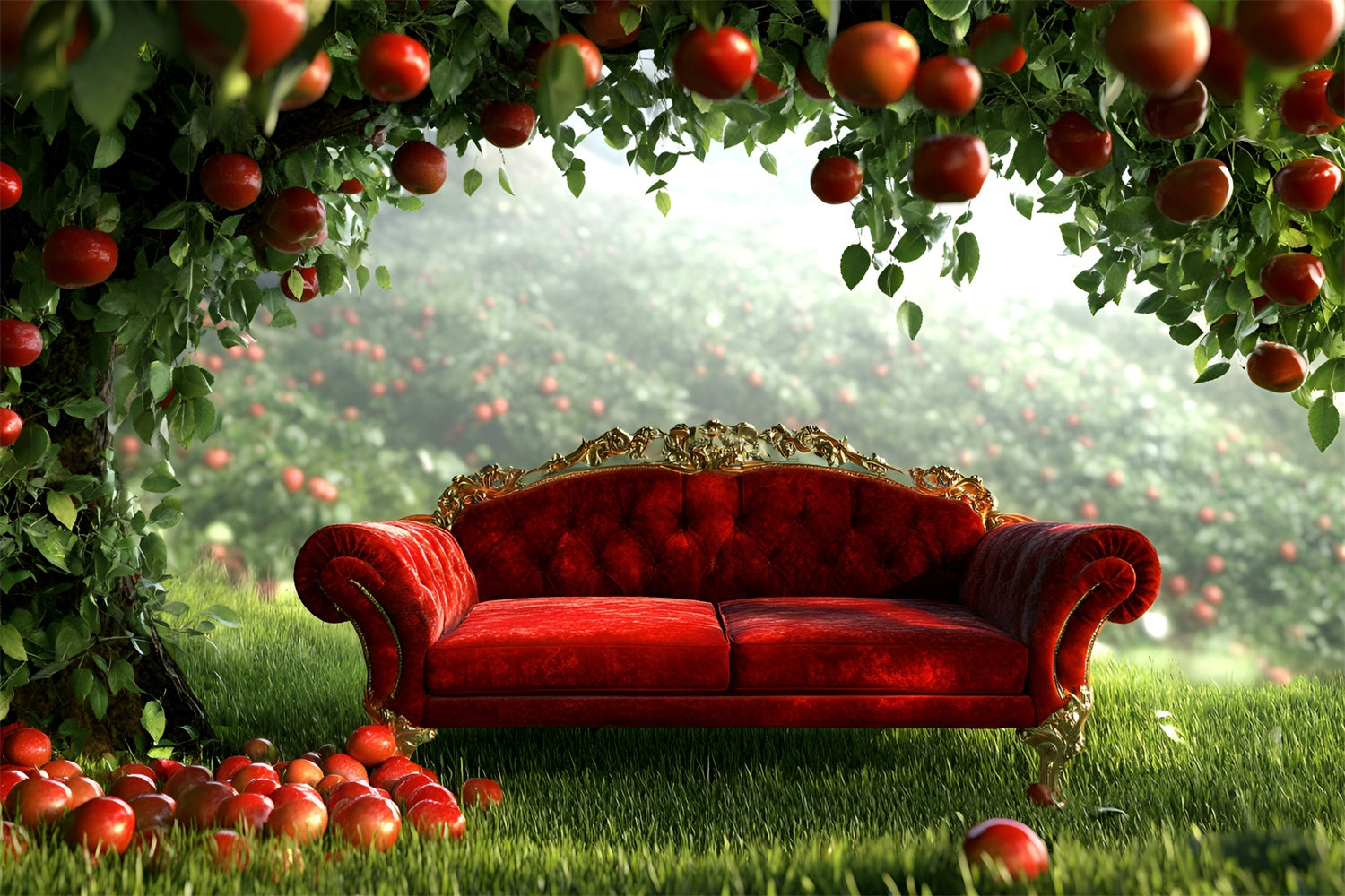 Herbst Fotohintergrund Apfelgarten Rotes Sofa Hintergrund GQ5-99