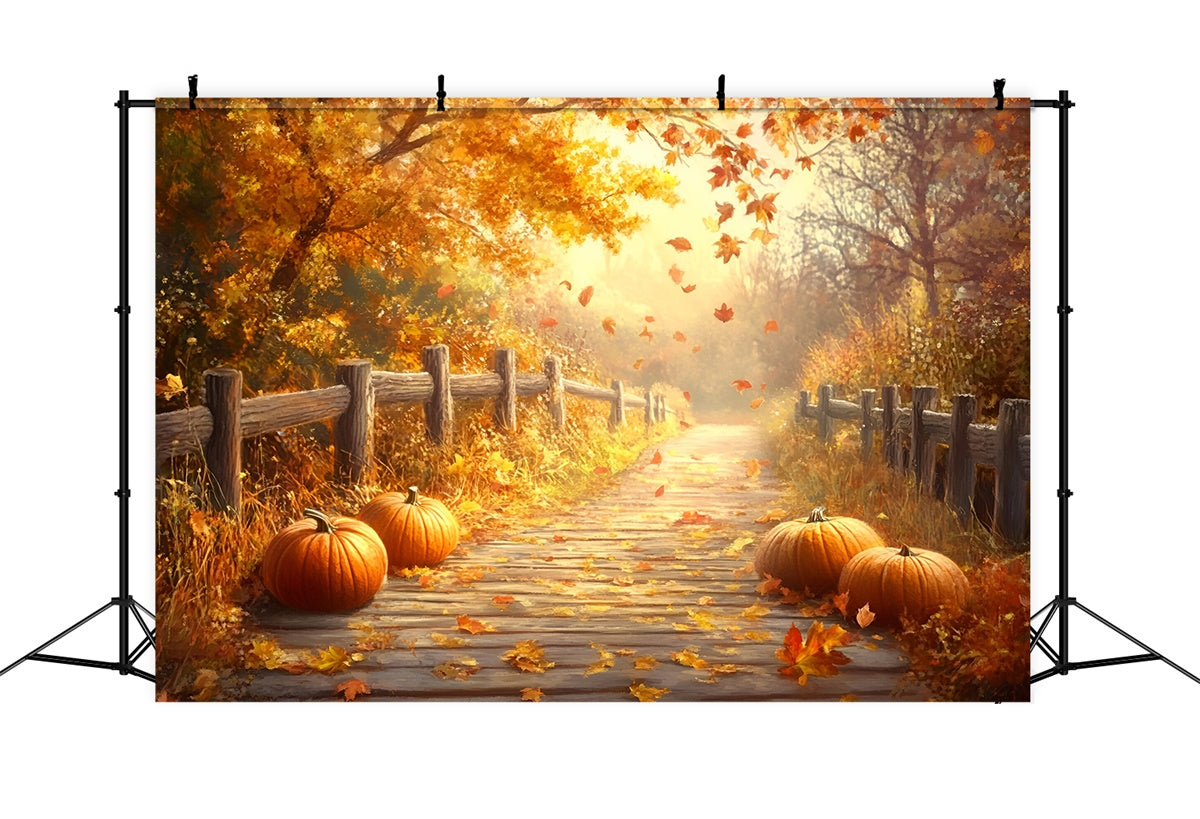 Fall Leaves Backdrop Rustic Fence Trail Forest Fotohintergrund GQ57-108