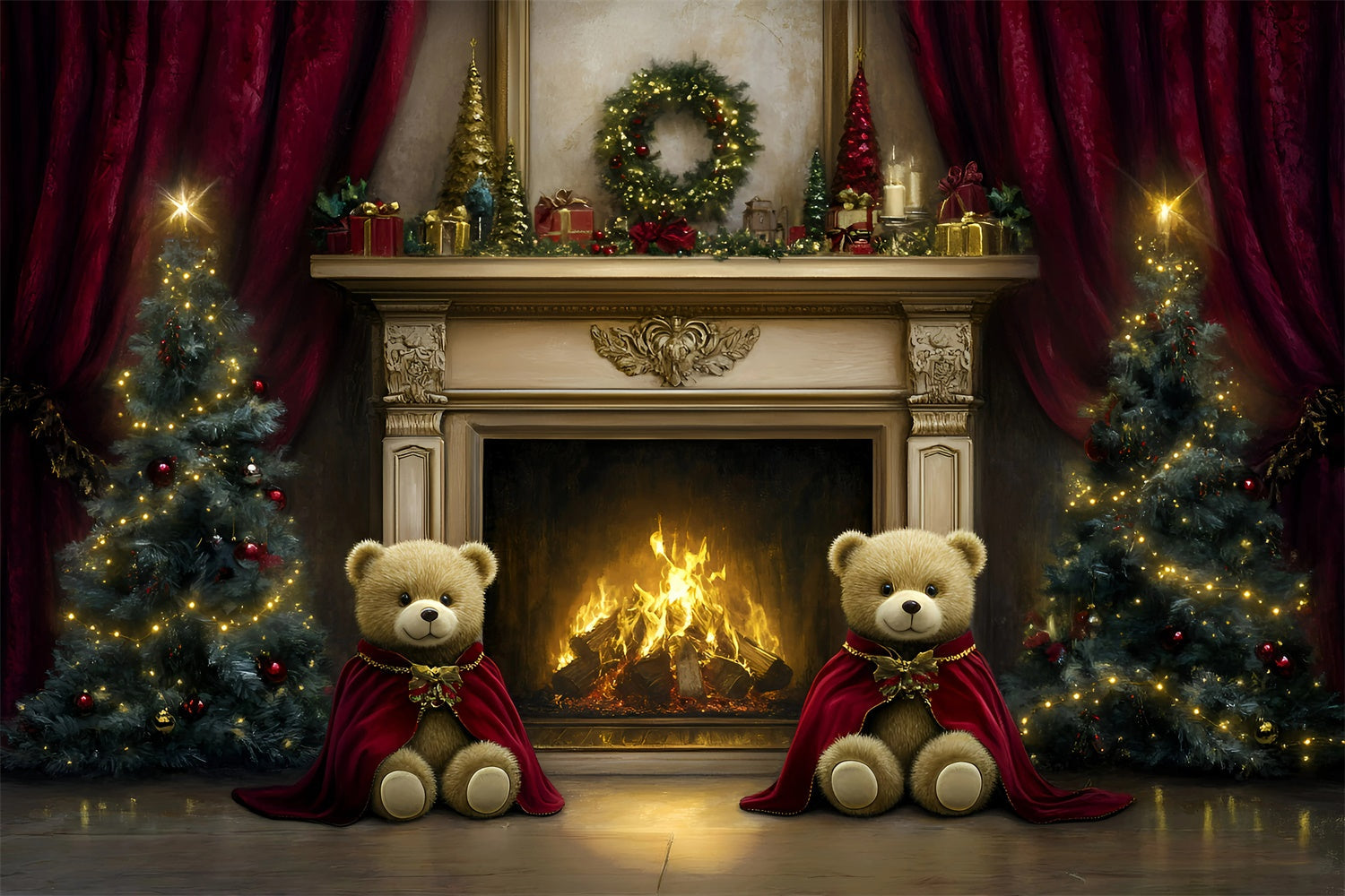 Weihnachten Kamin Backdrop Teddybär Herd Hintergrund GQ57-27