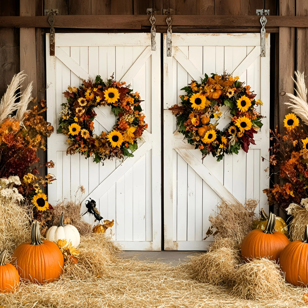 Scheunentür Fotohintergrund Kürbis Heu Kranz Herbst Backdrop GQ57-95