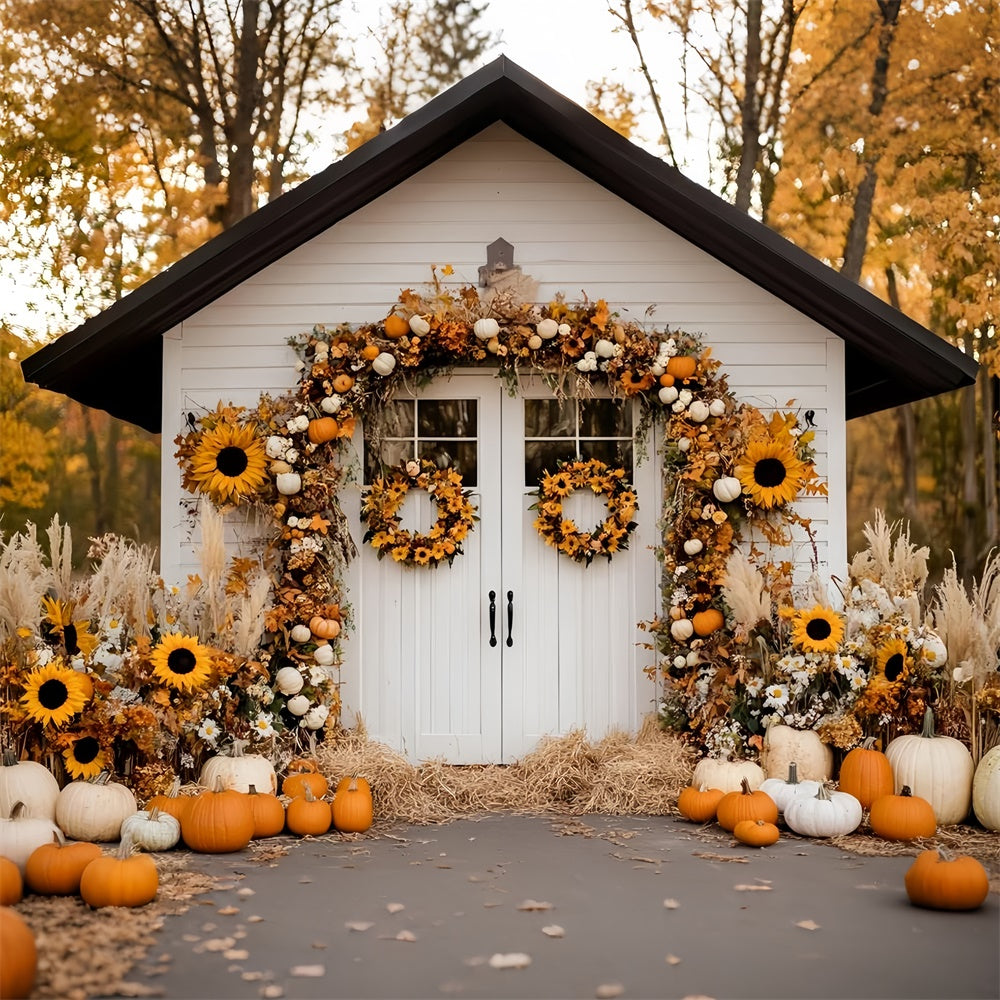 Herbst Fotohintergrund Erntedankhaus Sonnenblumen Hintergrundkulisse GQ57-96