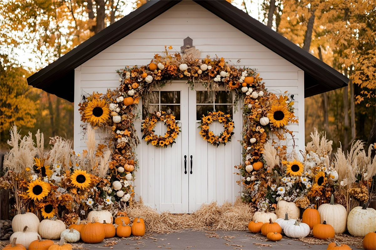 Herbst Fotohintergrund Erntedankhaus Sonnenblumen Hintergrundkulisse GQ57-96