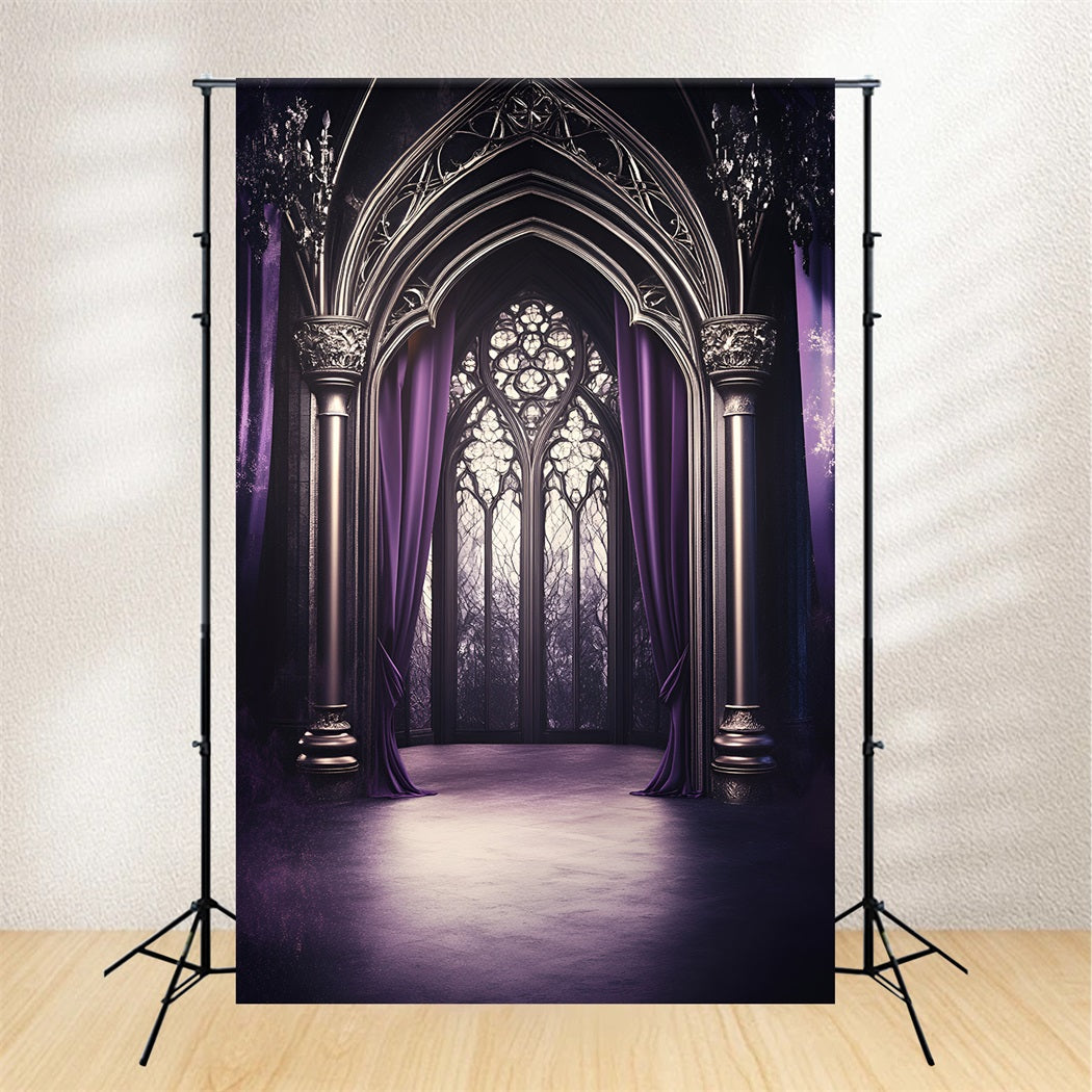 Gothic Backdrop Lila Drapierte Kathedrale Bogenfenster Vintage Backdrops GQ58-113
