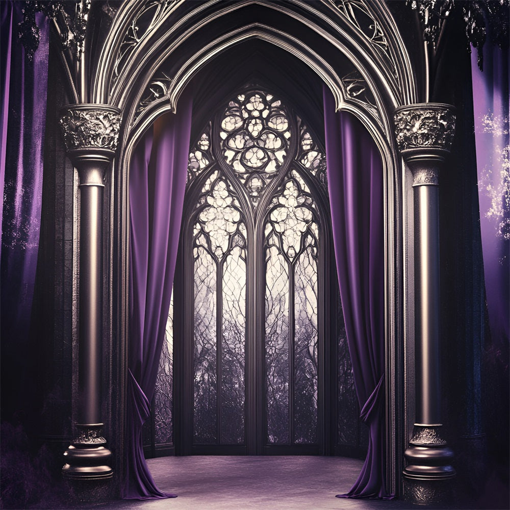 Gothic Backdrop Lila Drapierte Kathedrale Bogenfenster Vintage Backdrops GQ58-113