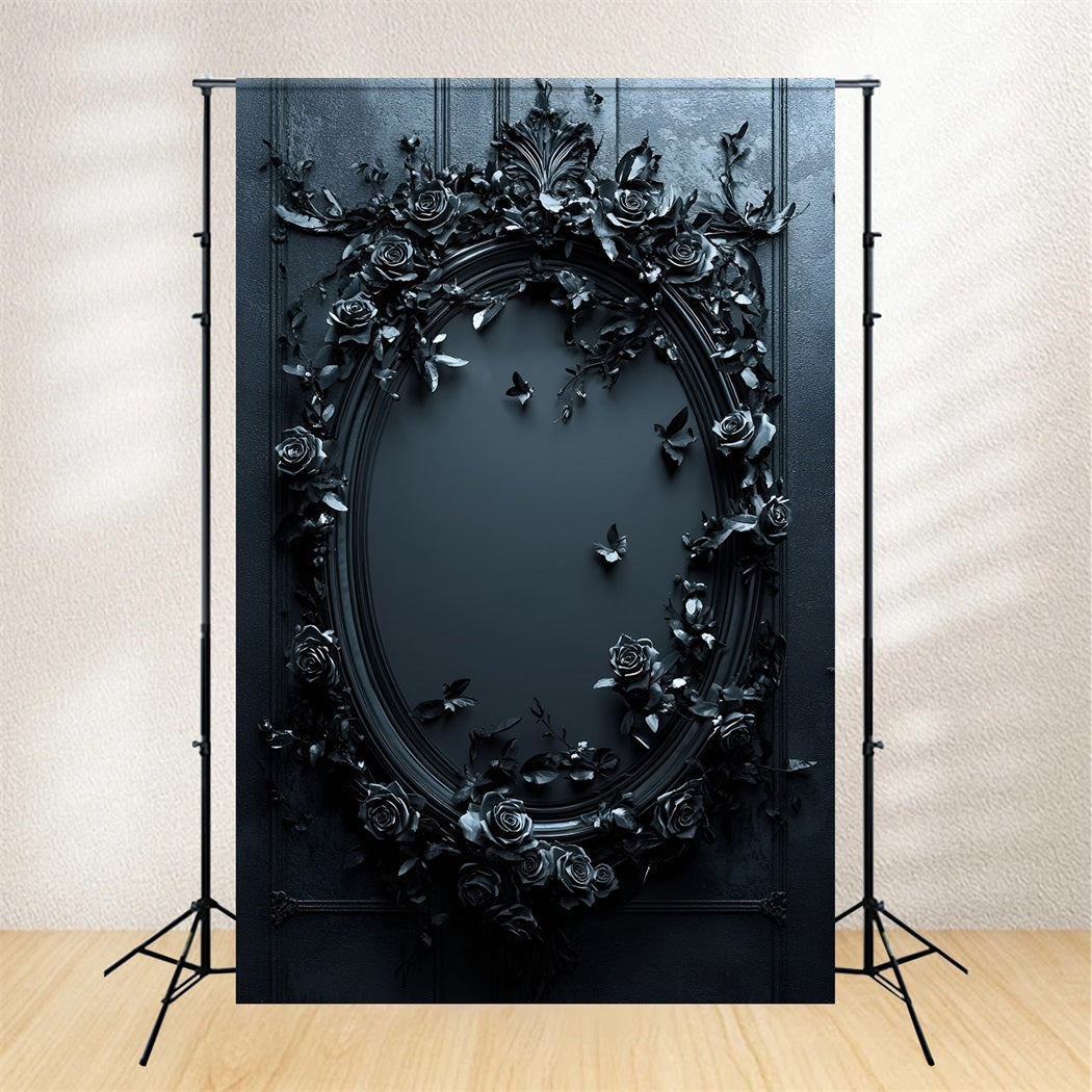 Gothic Backdrop Midnight Black Rose Oval Mirror Vintage Backdrop für Fotoshoot GQ58-114