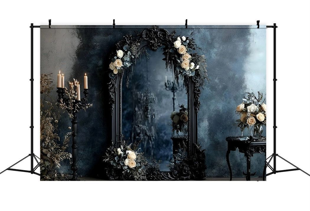 Gothic Backdrop Schwarz Verschnörkelt Spiegel Elfenbein Rosen Vintage Fotografie Backdrops GQ58-115