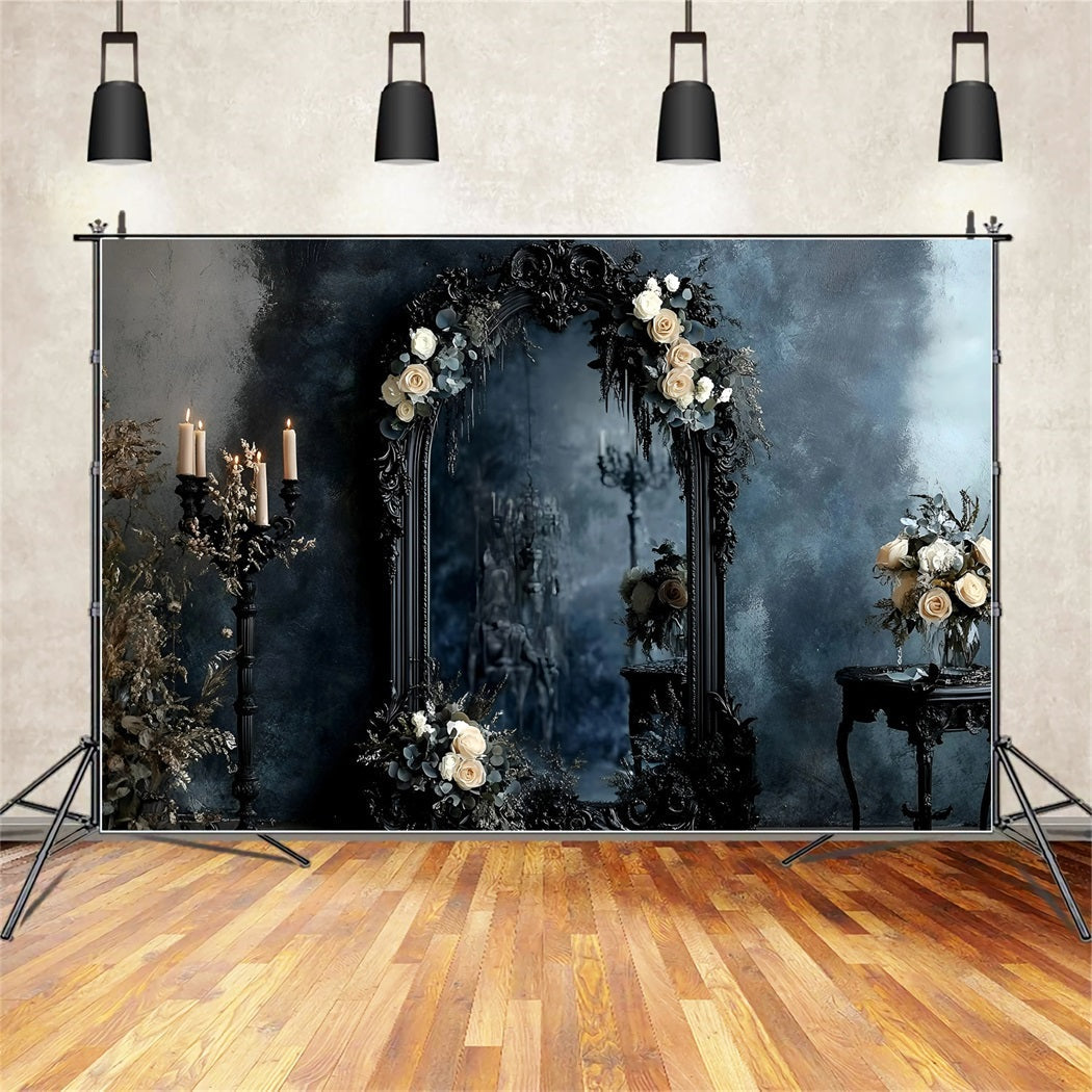 Gothic Backdrop Schwarz Verschnörkelt Spiegel Elfenbein Rosen Vintage Fotografie Backdrops GQ58-115