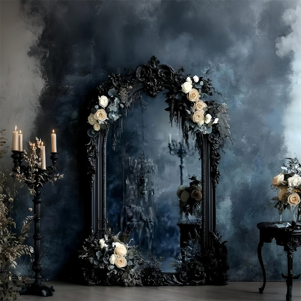 Gothic Backdrop Schwarz Verschnörkelt Spiegel Elfenbein Rosen Vintage Fotografie Backdrops GQ58-115