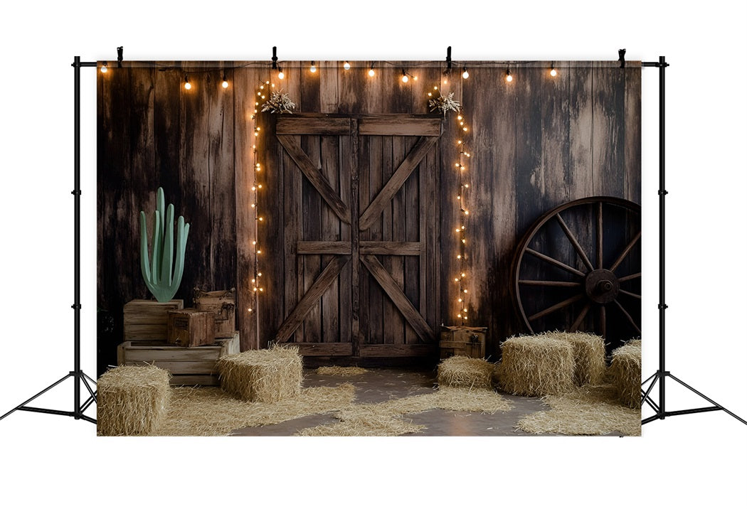 Western Backdrop Holz Scheunentür Heu und Lichter Vintage Foto Hintergrund GQ58-117