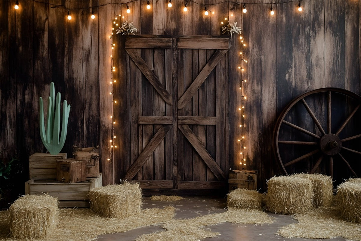 Western Backdrop Holz Scheunentür Heu und Lichter Vintage Foto Hintergrund GQ58-117