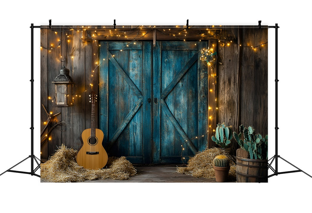 Western-Foto Hintergrund Rustikale blaue Scheunentür Gitarre Kaktus Vintage Fotografie Hintergründe GQ58-119