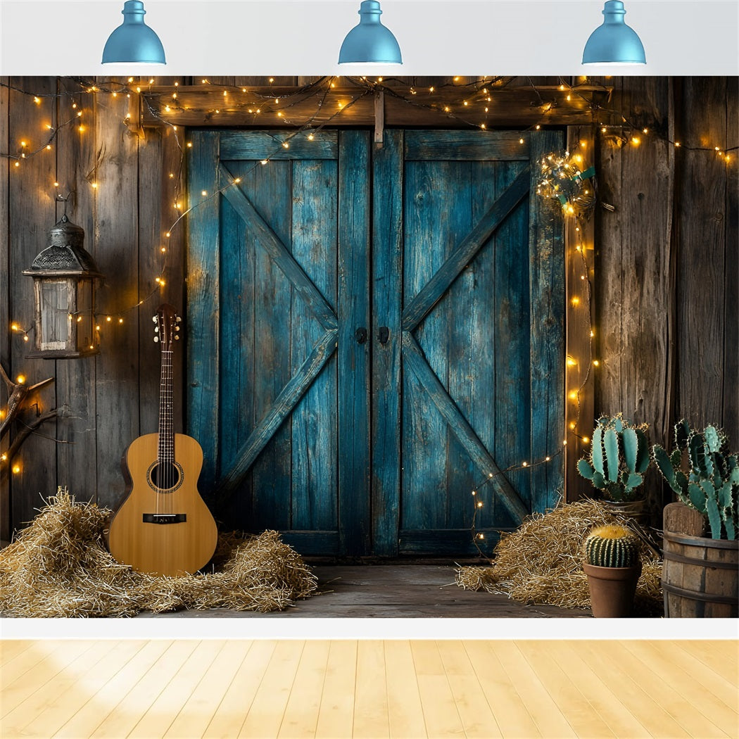 Western-Foto Hintergrund Rustikale blaue Scheunentür Gitarre Kaktus Vintage Fotografie Hintergründe GQ58-119