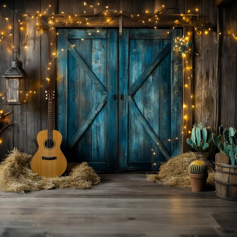 Western-Foto Hintergrund Rustikale blaue Scheunentür Gitarre Kaktus Vintage Fotografie Hintergründe GQ58-119