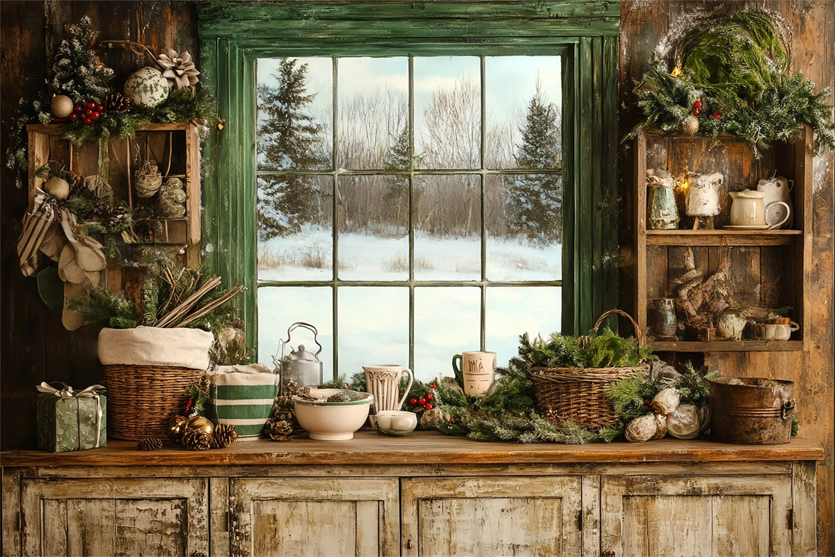 Rustikale Kulisse Gemütliche Winterküche Fenster Festliche Begrünung Vintage Backdrop Ideen GQ58-121