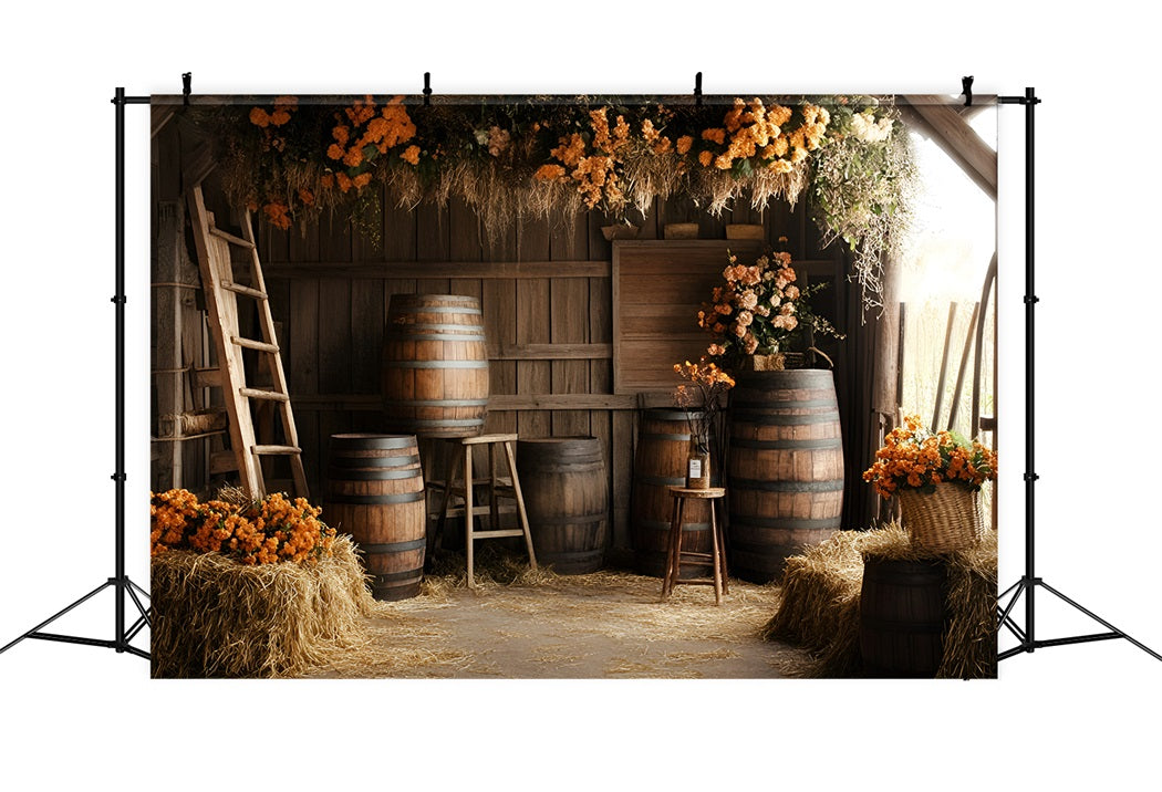 Rustikale Kulisse Rustikale Scheune Fässer Orange Blumenarrangements Vintage Fotografie Foto Hintergrund GQ58-122