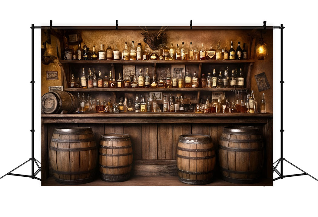 Rustikaler Foto Hintergrund Old Western Whiskey Barrel Bar Display Foto Hintergrund Vintage GQ58-124