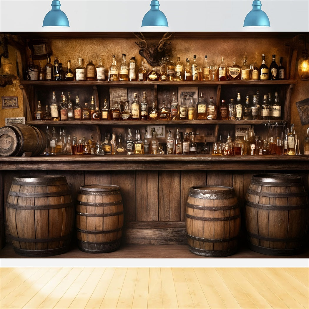 Rustikaler Foto Hintergrund Old Western Whiskey Barrel Bar Display Foto Hintergrund Vintage GQ58-124