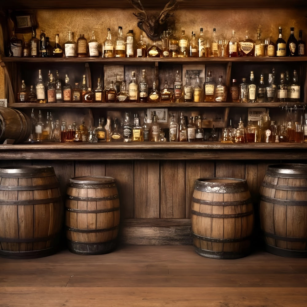Rustikaler Foto Hintergrund Old Western Whiskey Barrel Bar Display Foto Hintergrund Vintage GQ58-124