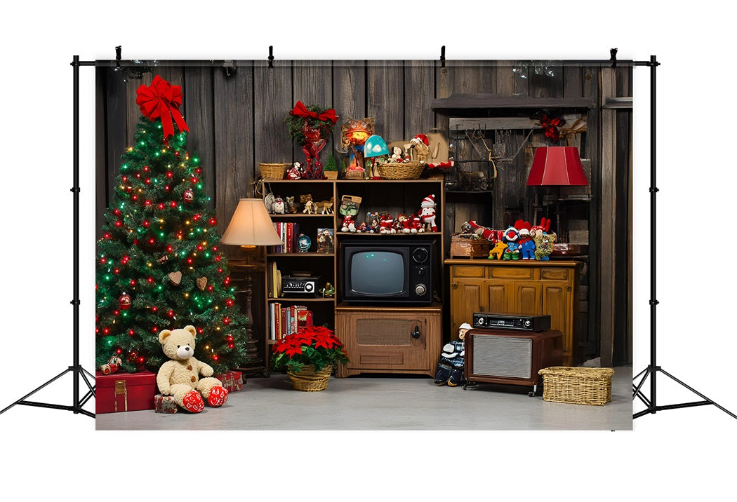 Rustikaler Foto Hintergrund Retro Weihnachtsbaum mit Vintage Spielzeug Vintage Fotoshooting Foto Hintergrund GQ58-125