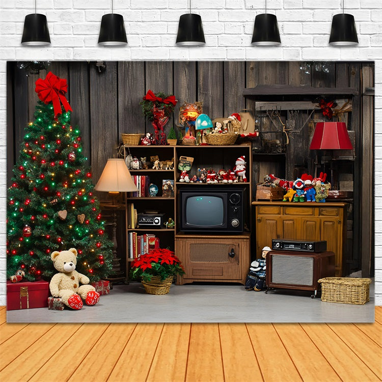 Rustikaler Foto Hintergrund Retro Weihnachtsbaum mit Vintage Spielzeug Vintage Fotoshooting Foto Hintergrund GQ58-125