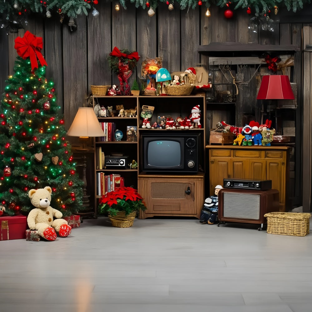 Rustikaler Foto Hintergrund Retro Weihnachtsbaum mit Vintage Spielzeug Vintage Fotoshooting Foto Hintergrund GQ58-125
