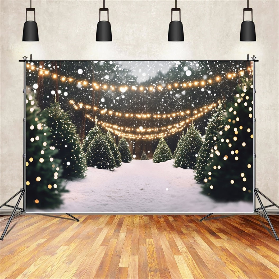 Weihnachtsbaum Bauernhof Fotohintergrund verschneite Pine Lane mit Twinkle Lights Professionelle Weihnachten Studiohintergrund GQ58-48