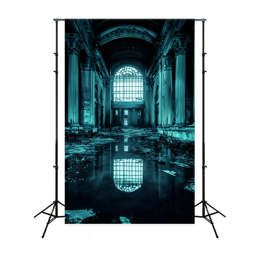 Grunge-Fotohintergrund Verlassener großer Saal mit Wasserreflexion professioneller Porträt-Fotohintergrund GQ58-86