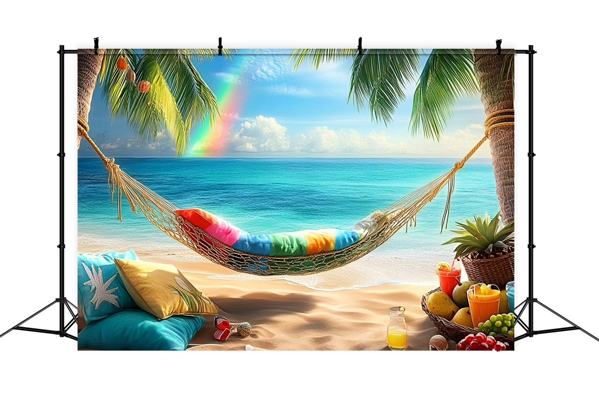 Tropischer Strand Hintergrund Palme Regenbogen Hängematte Sommerhintergrund GQ6-14