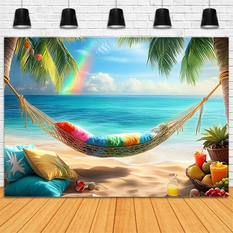 Tropischer Strand Hintergrund Palme Regenbogen Hängematte Sommerhintergrund GQ6-14