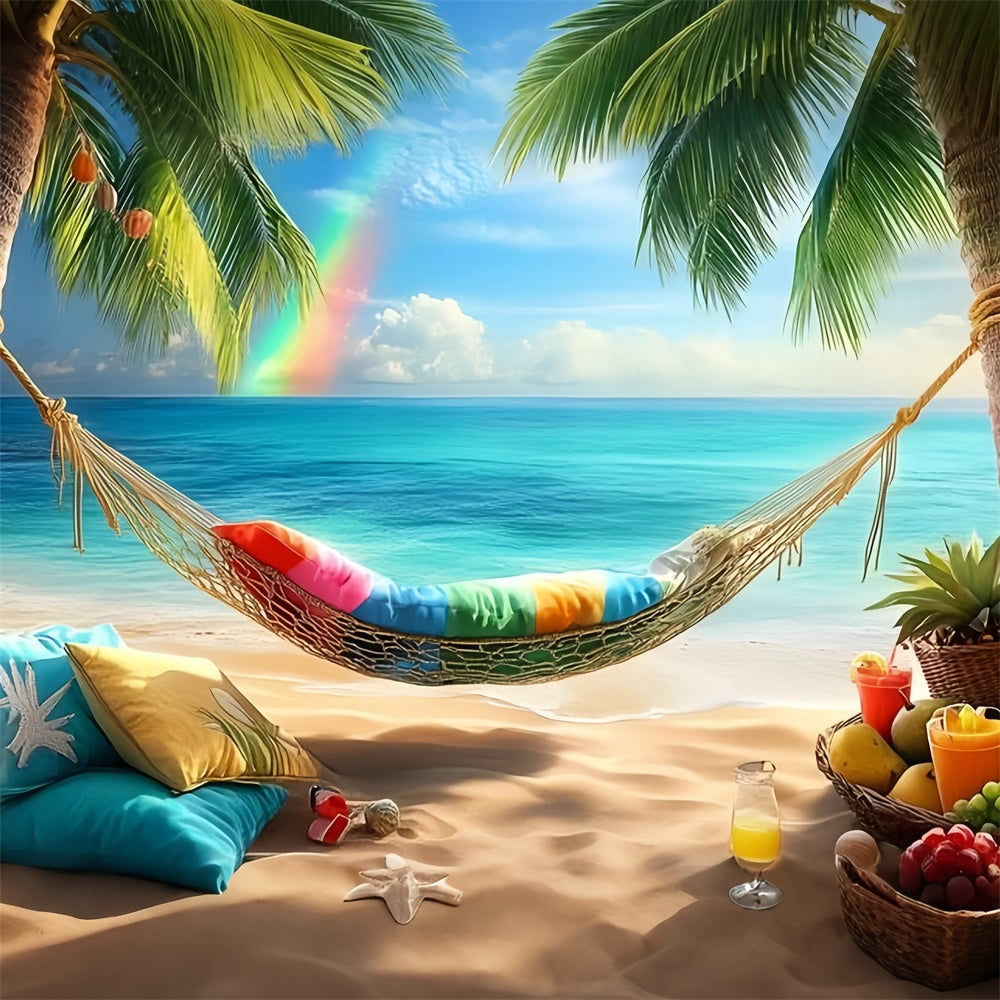 Tropischer Strand Hintergrund Palme Regenbogen Hängematte Sommerhintergrund GQ6-14