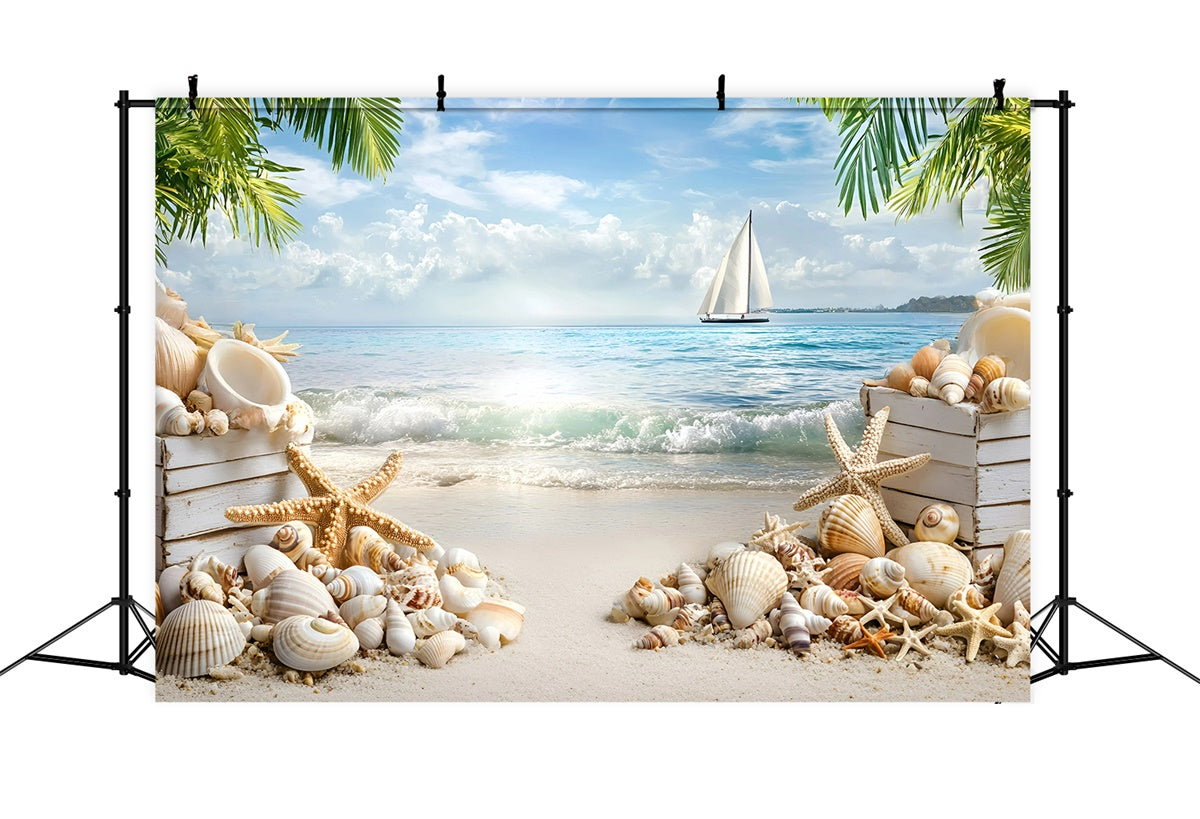 Strand Szenerie Hintergrund Muschel Segelboot Sommer Fotohintergrund GQ6-3