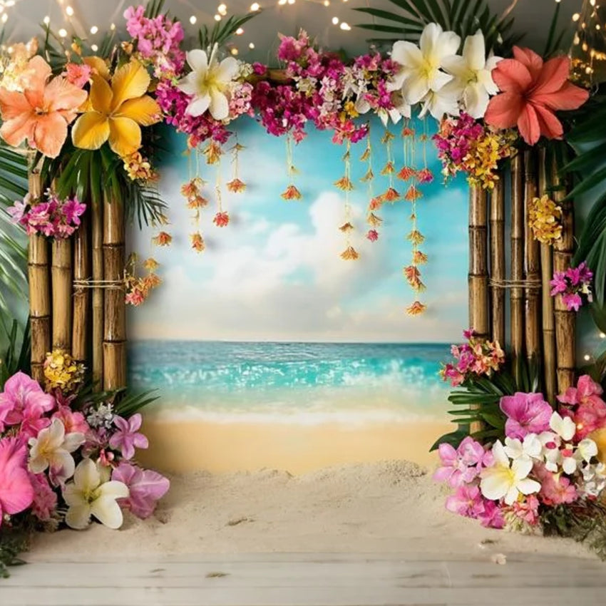 Tropischer Strand Backdrop Bambus Blumenbogen Sommer Backdrops GQ6-33