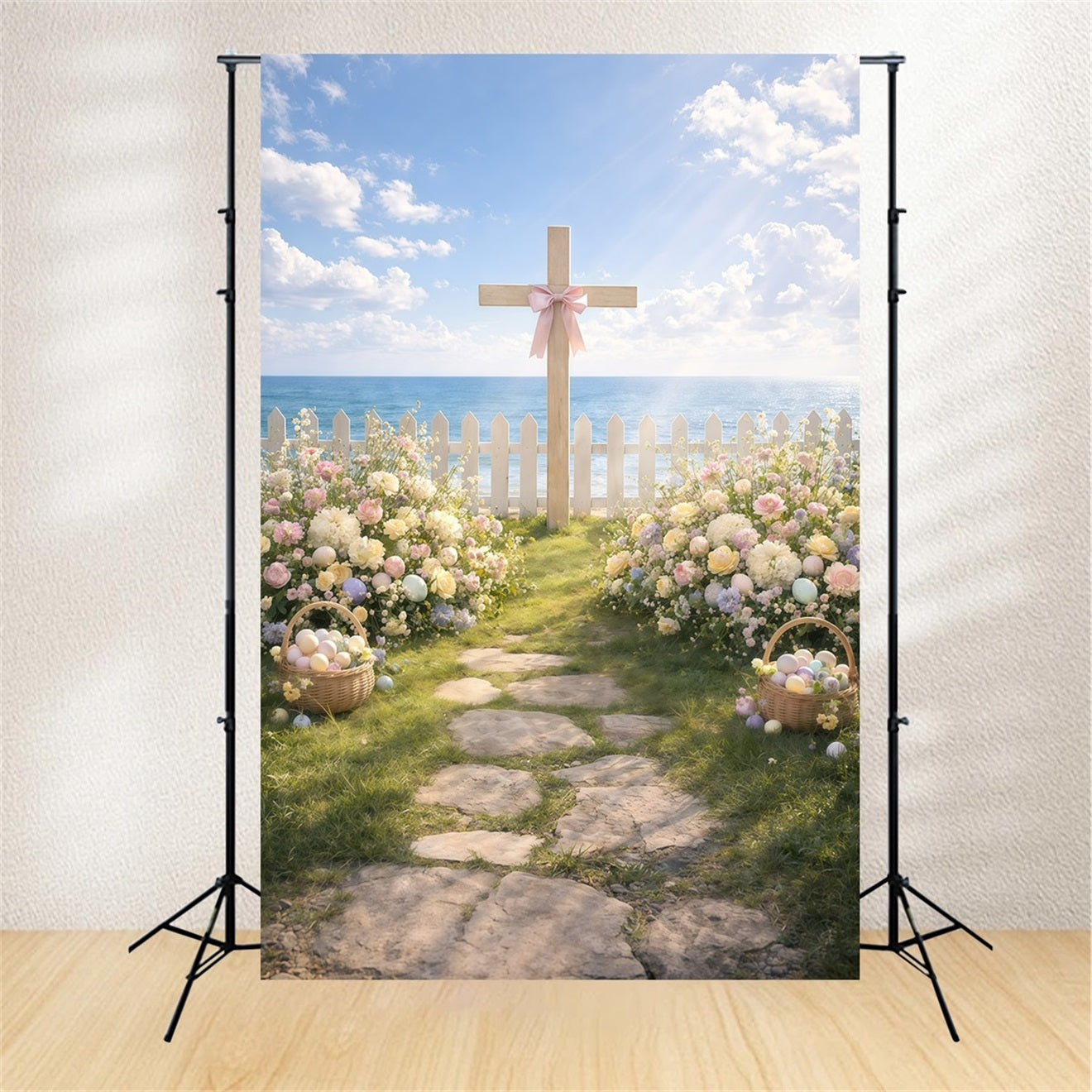 Oster-Hintergründe mit religiösem Motiv Kreuz am Meer Gartenweg-Hintergrund für Osterbilder GQ61-11