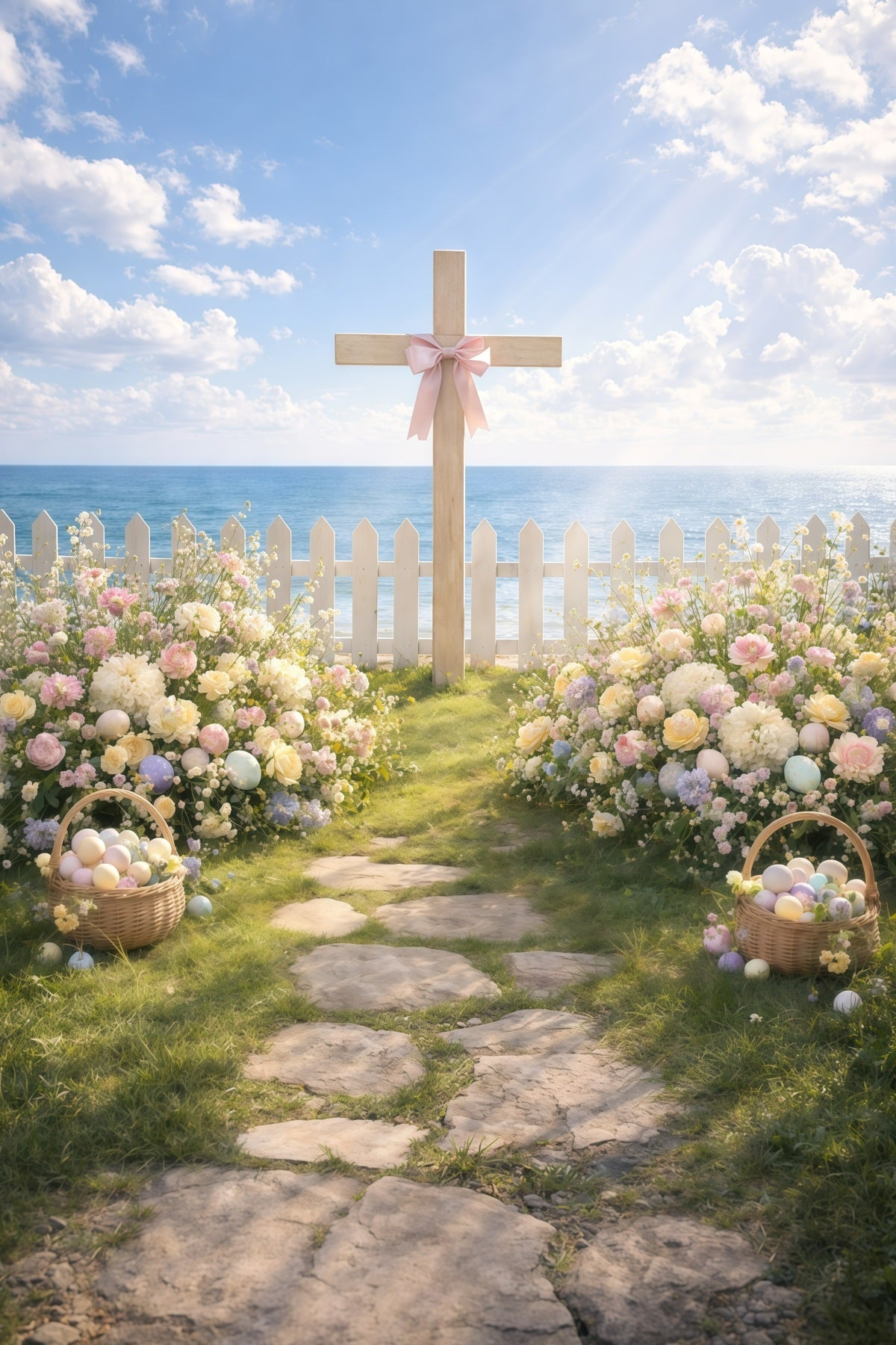 Oster-Hintergründe mit religiösem Motiv Kreuz am Meer Gartenweg-Hintergrund für Osterbilder GQ61-11