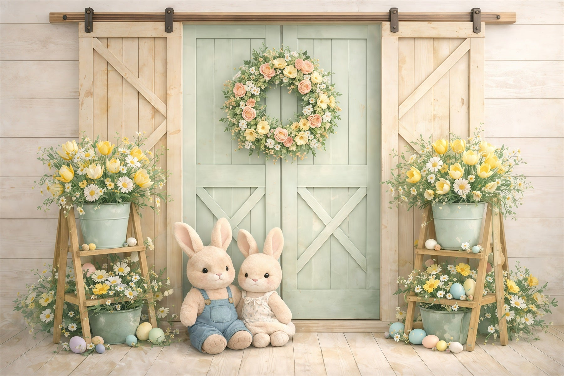 Peter Rabbit Fotohintergrund Pastellfarbener Hasenstall Türen Osterbild Hintergrundideen GQ61-16