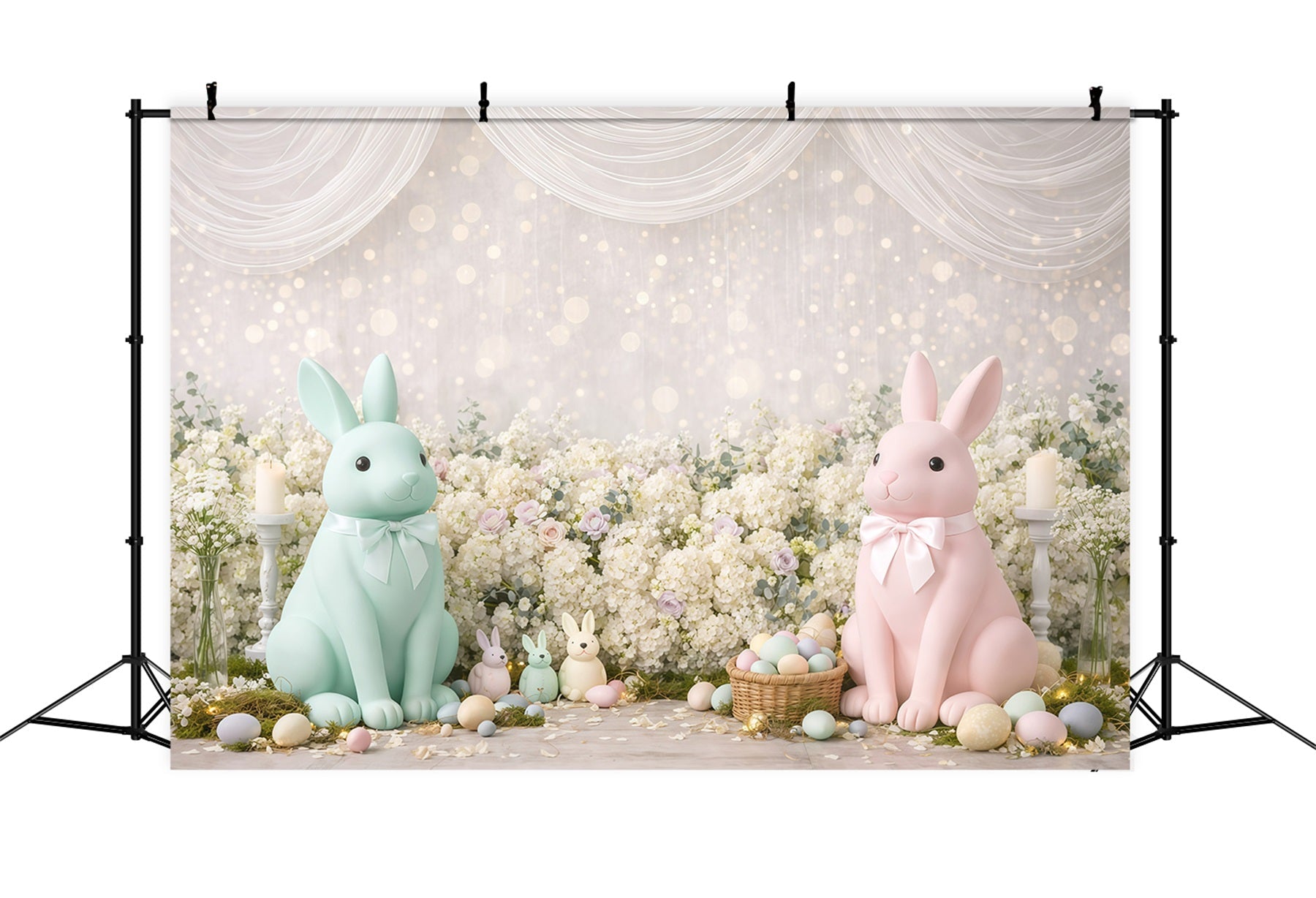 Pastellfarbener Osterhintergrund mit Hasen, Blumen und Bokeh-Punkten Fotohintergrund Ostern GQ61-32