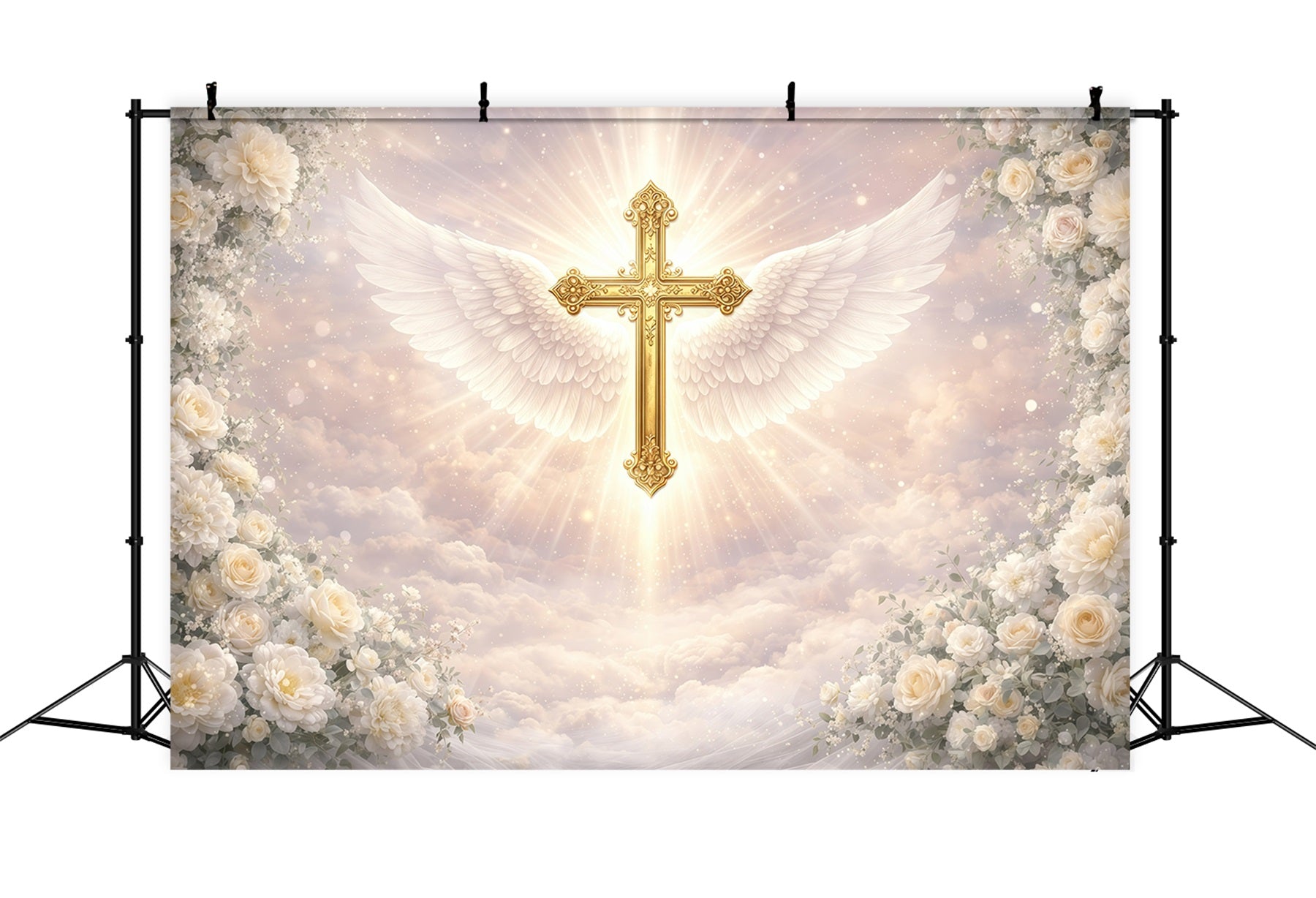 Oster-Hintergründe mit religiösem Motiv Engel mit Flügeln Goldenes Kreuz Oster-Fotoshooting-Hintergrund GQ61-36