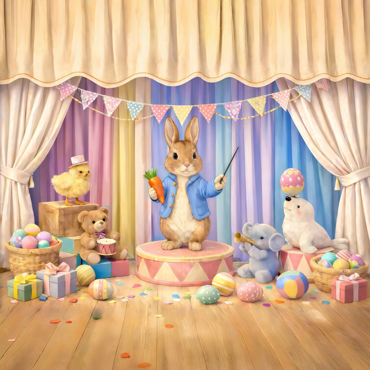 Pastellfarbener Osterhintergrund Cartoon-Hase Zirkusbühne Ideen für Osterbilderhintergründe GQ61-42