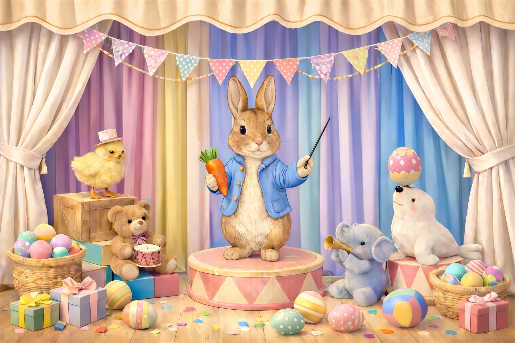 Pastellfarbener Osterhintergrund Cartoon-Hase Zirkusbühne Ideen für Osterbilderhintergründe GQ61-42