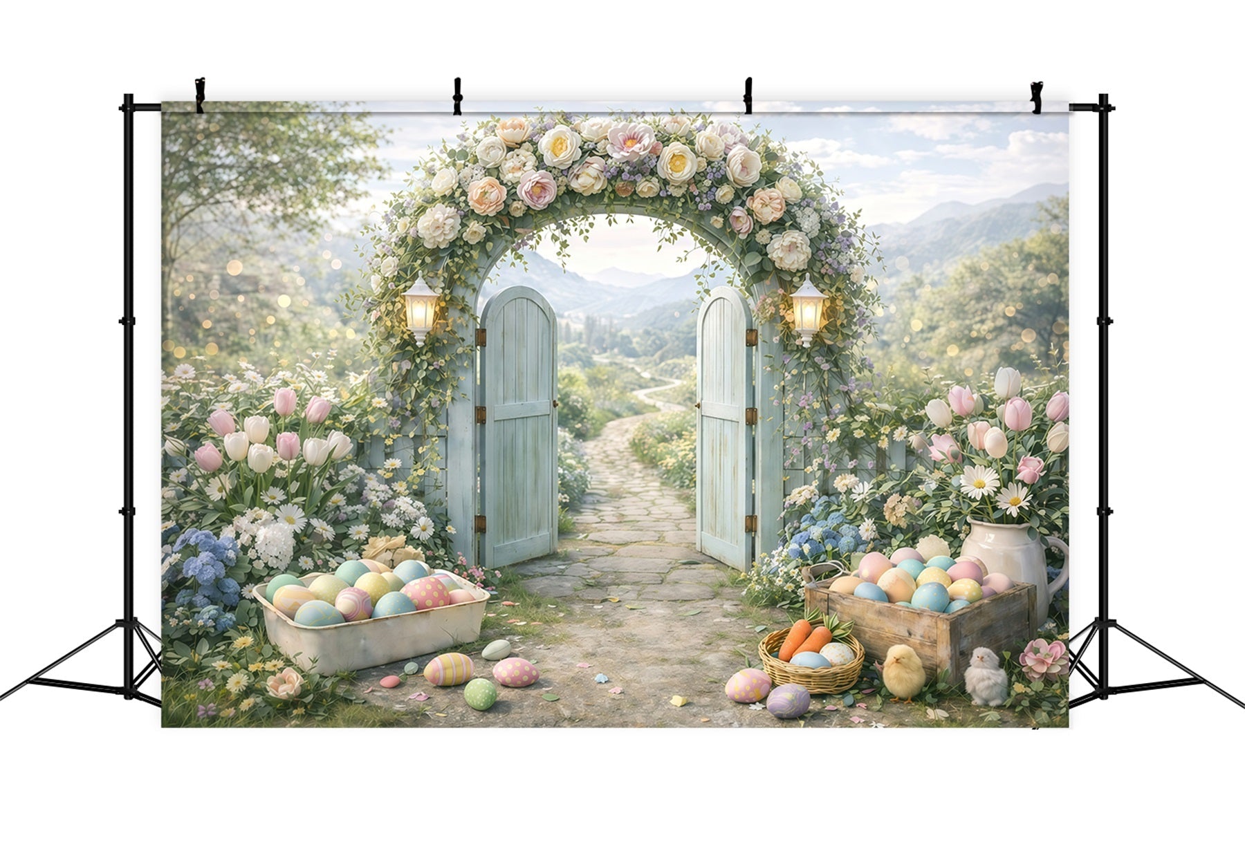 Osterblumenhintergrund Frühlingsgartenbogen Eingang Eier-Fotohintergrund Ostern GQ61-44