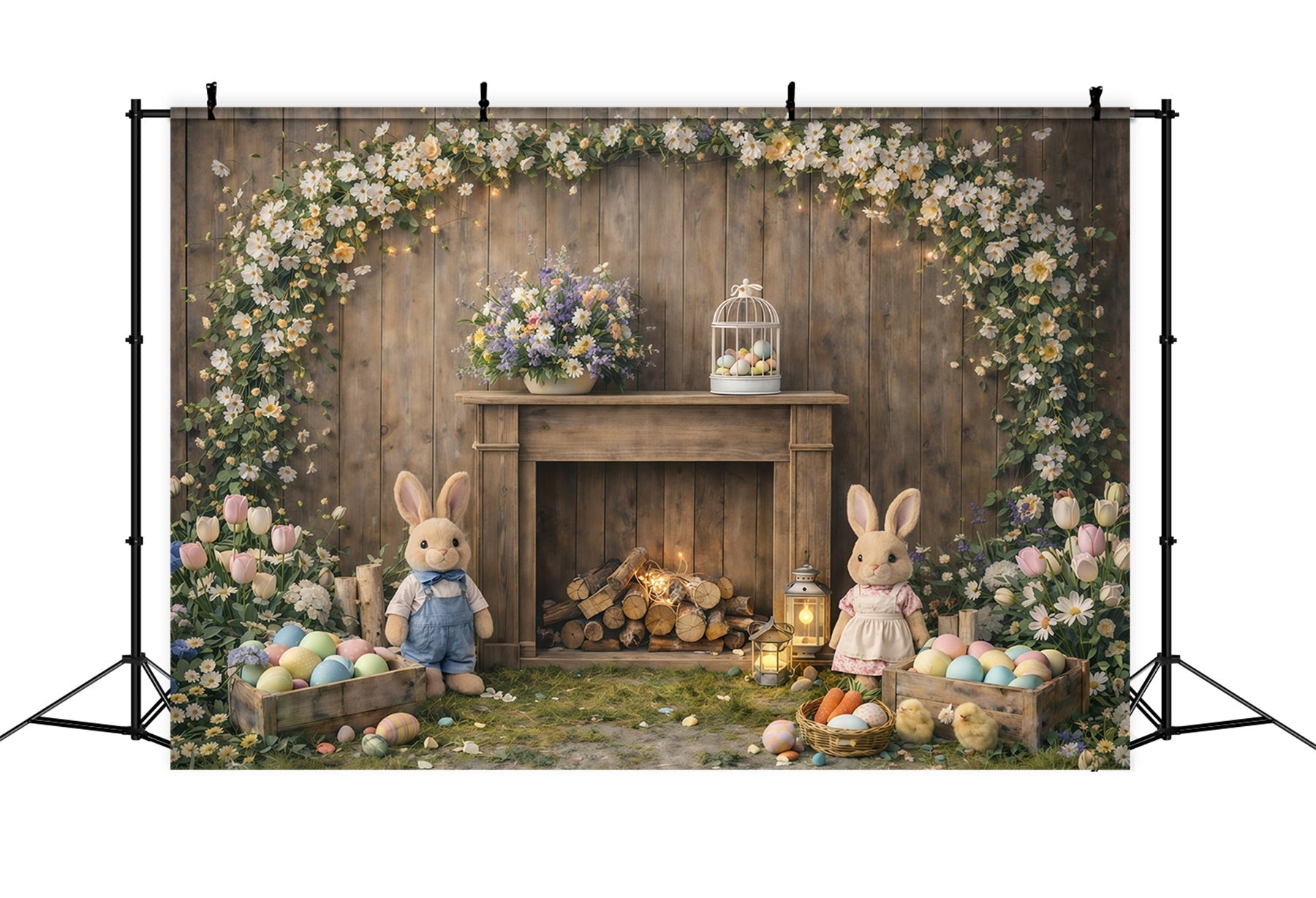 Peter Rabbit Hintergrund Rustikaler Kaminsims Hasenblumen Osterhintergrund für Fotografie GQ61-45
