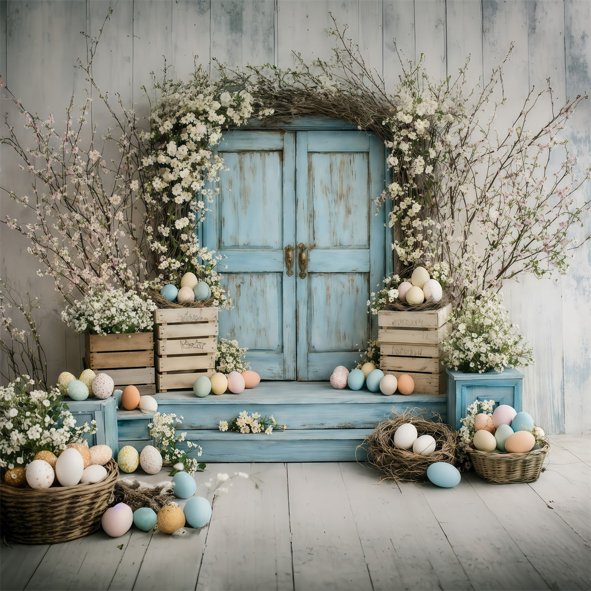 Osterblumenhintergrund Vintage Blaue Tür Blüten Hintergründe für Osterbilder GQ61-46