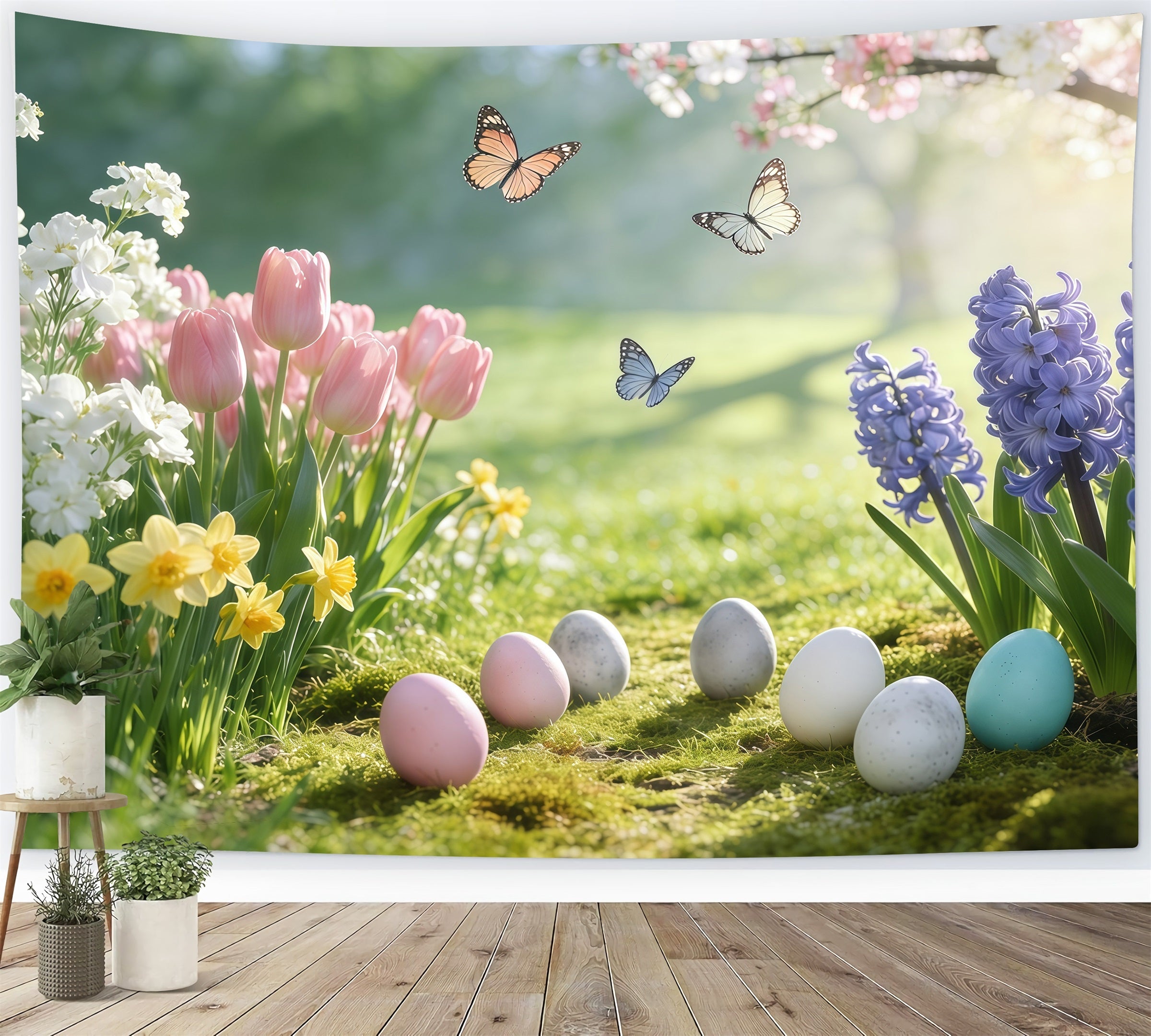 Oster-Hintergrund Natur Fotografie Frühlingswiese Schmetterlinge Eier Oster-Hintergründe GQ61-53
