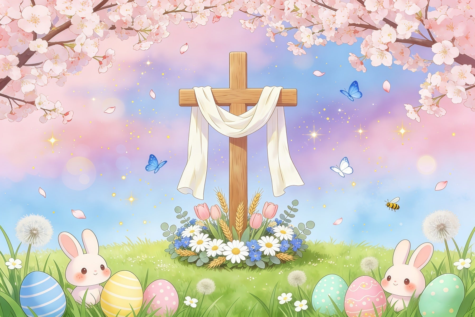 Oster-Hintergrund mit religiösem Motiv Kreuz Hase Ei Pastellfarbener Himmel Ideen für Oster-Hintergründe GQ61-56
