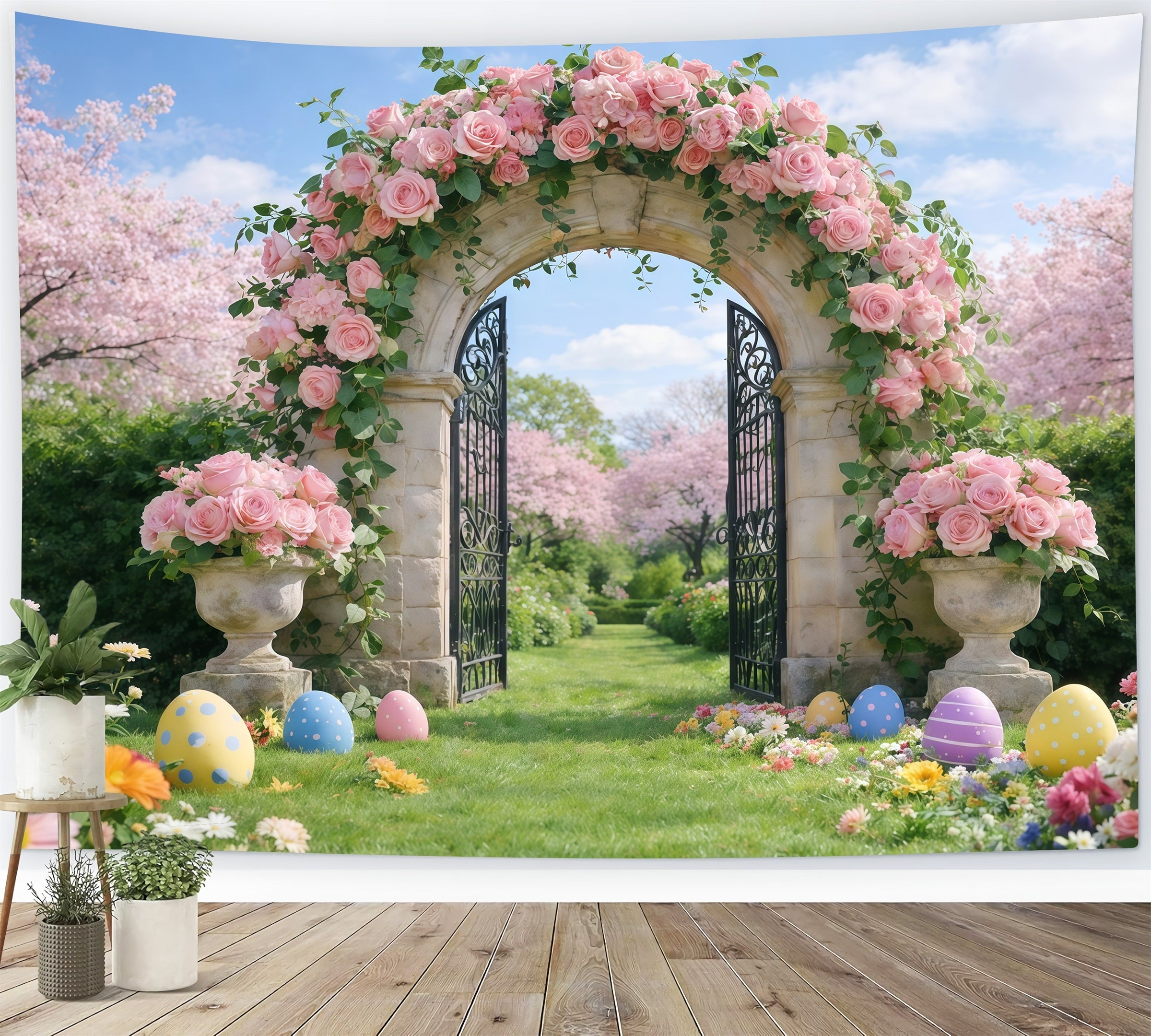 Oster-Hintergrund mit Frühlingsgartenbogen Wildblumenstrauß Gras Einfache Oster-Hintergründe GQ61-58