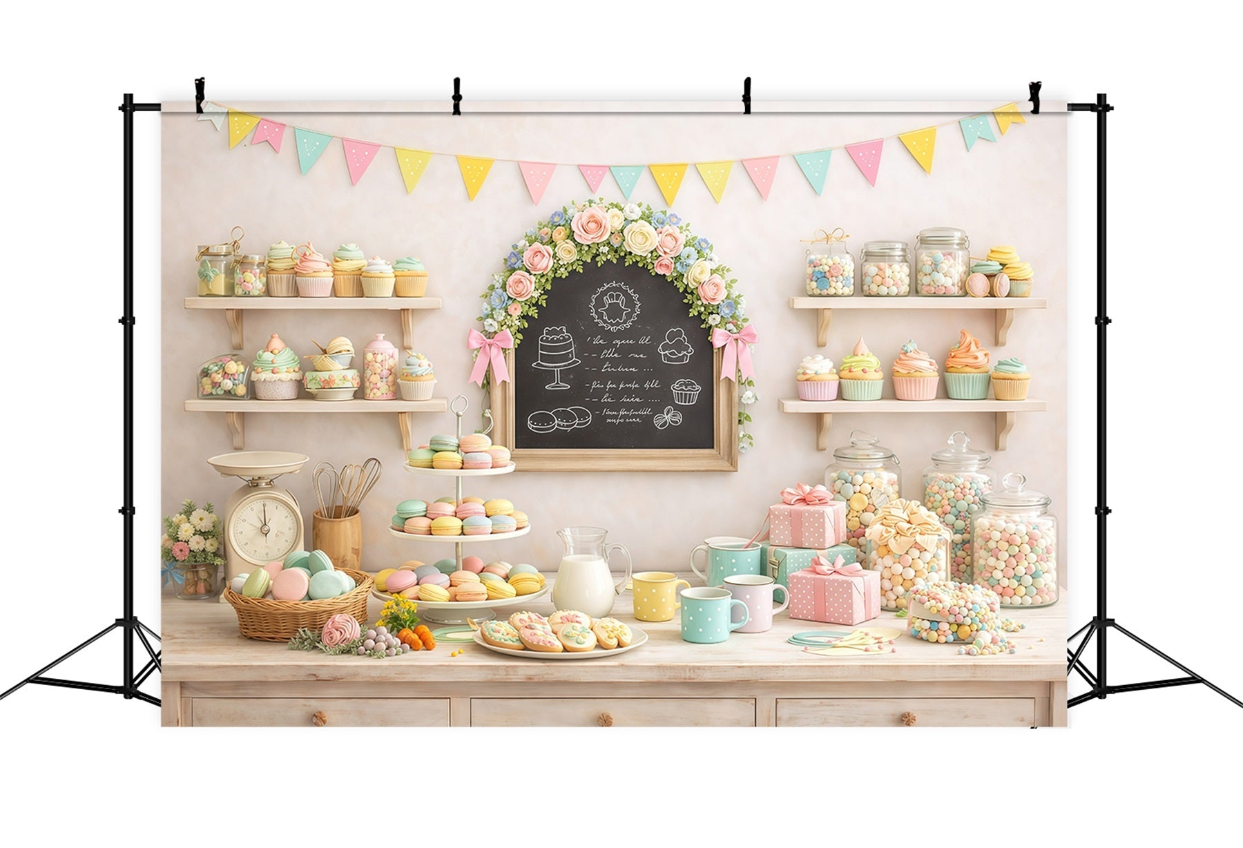 Oster-Desserttisch-Hintergrund Pastellfarbene Macarons Cupcakes Süßigkeiten Oster-Hintergründe für draußen GQ61-59