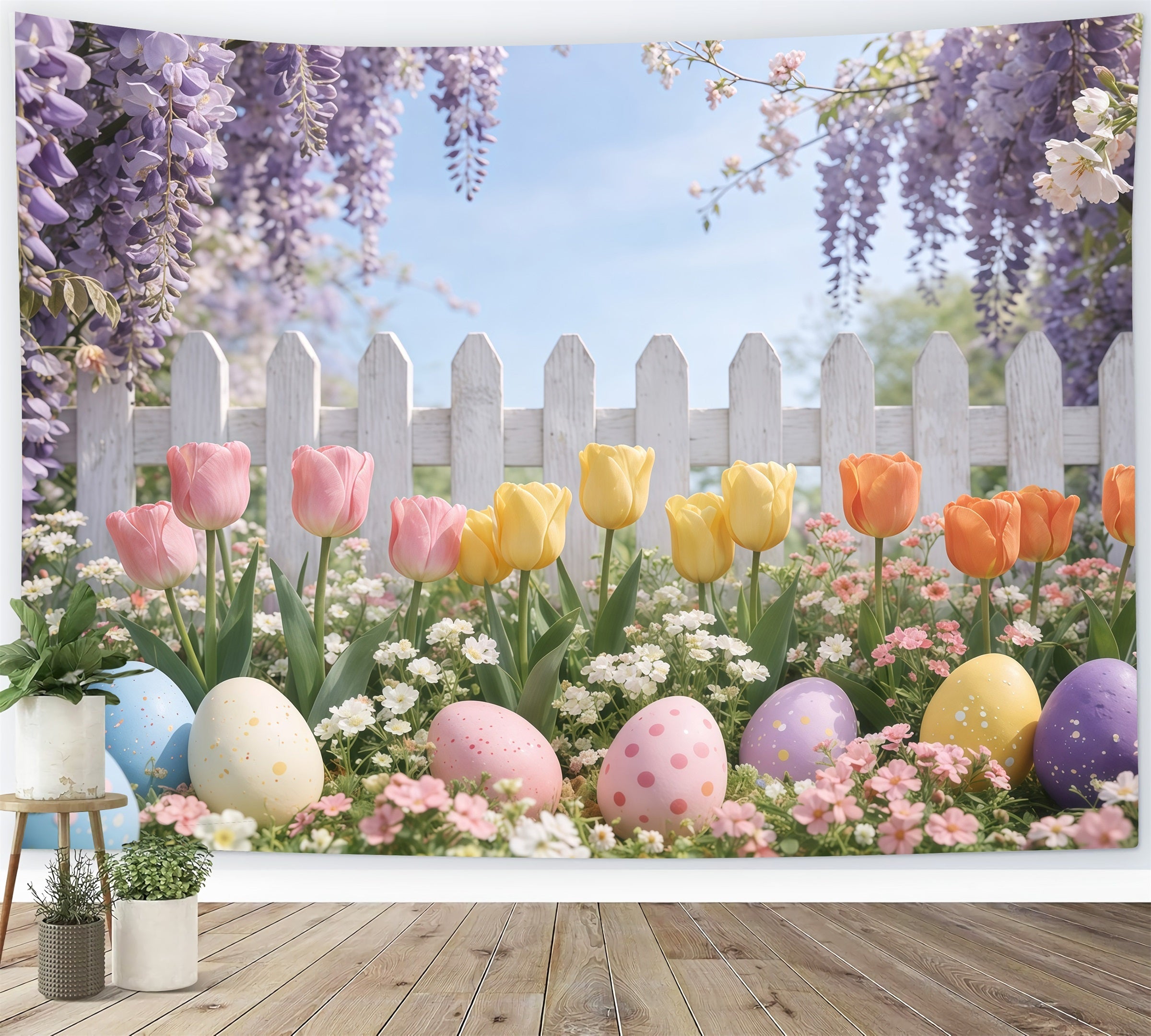 Oster-Lattenzaun-Hintergrund Lavendel-Tulpen-Garten Eier Osterbilder-Hintergrund GQ61-60